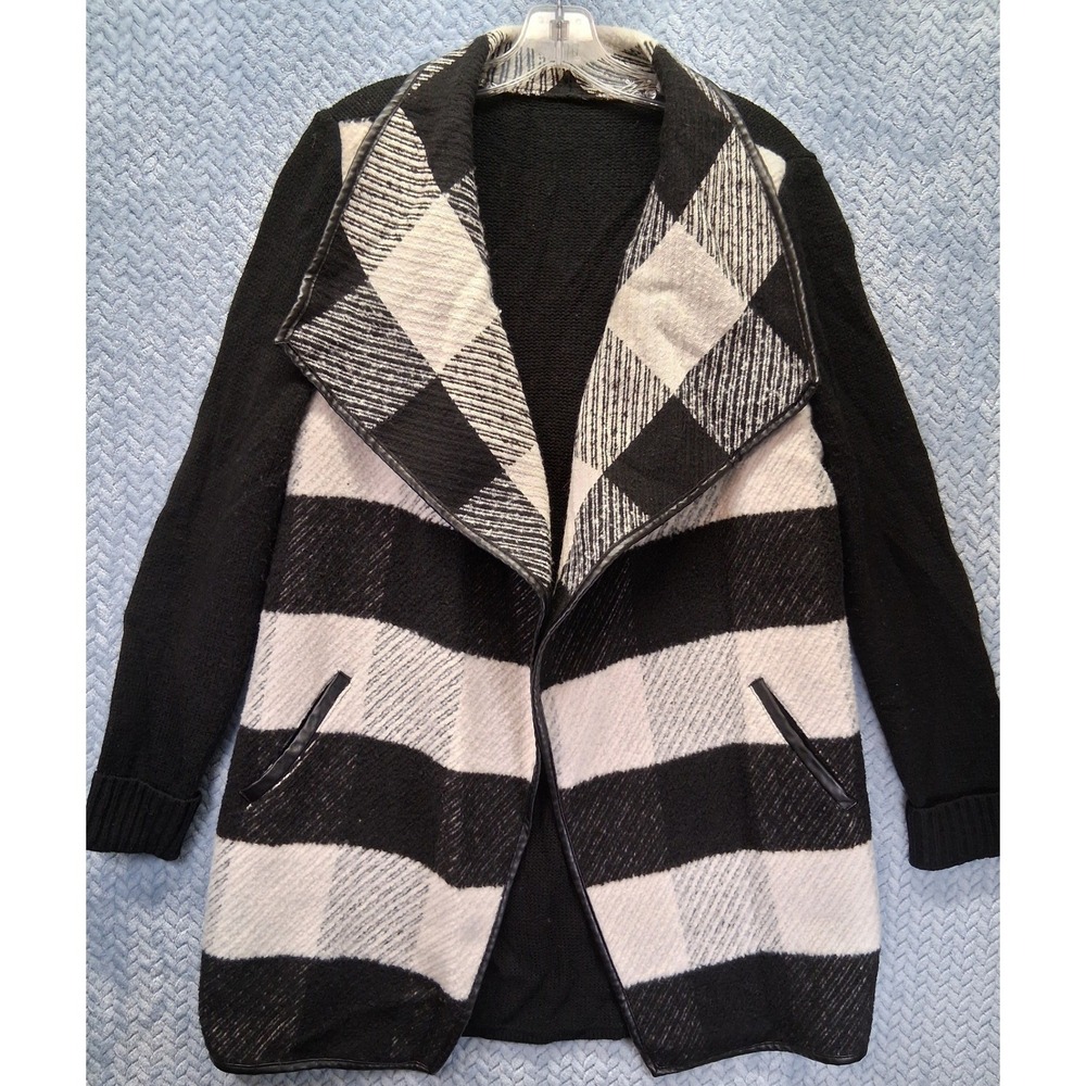 Chicos Open Front Cardigan Buffalo Plaid Striped Wool Blend Faux Leather Trim